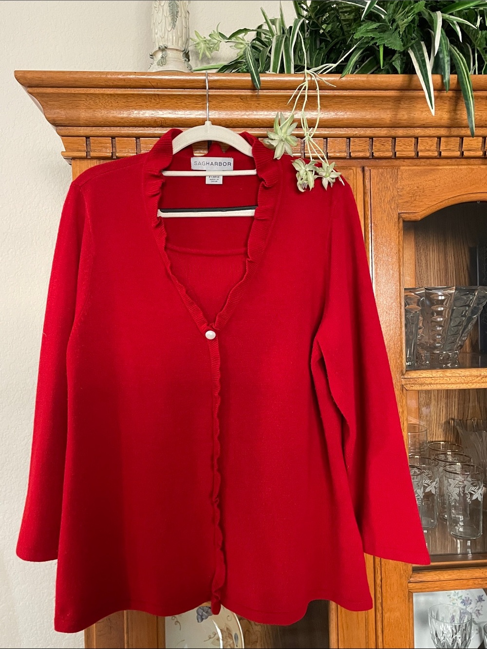 Sag Harbor Red Ruffle-Edge Vintage Cardigan w inset & pearl button Ladies SZ XL